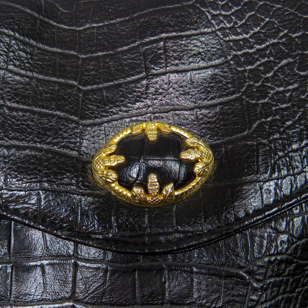 Vintage 1970s Croc Embossed Leather Crossbody Bag Black Gold Medium - Picture 4 of 10